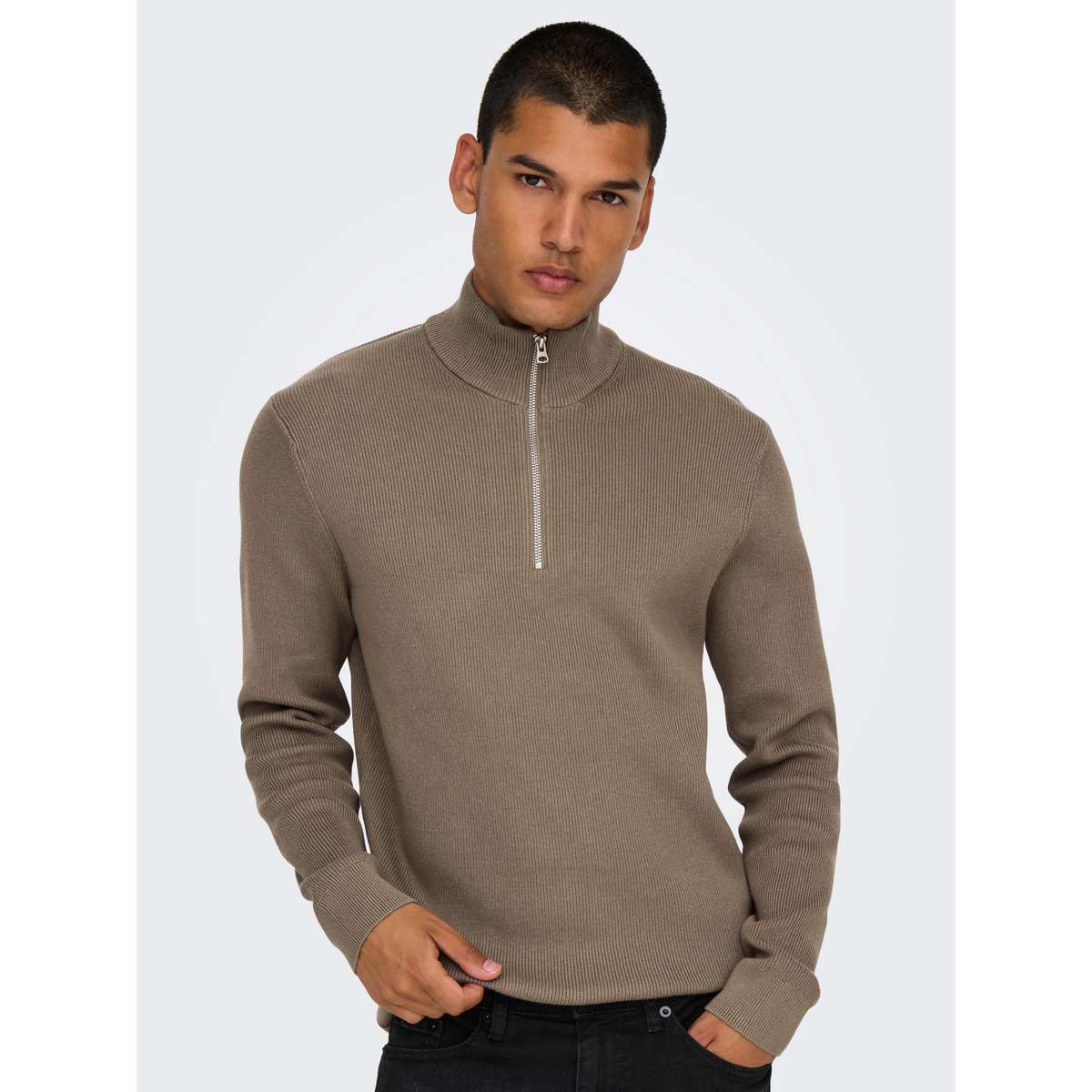 ONLY & SONS MEN΄S REGULAR FIT COTTON PHIL STRUCTURE HALF ZIP KNIT TAUPE BROWN